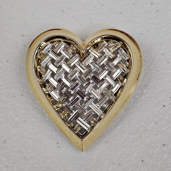 Nolan Miller Jewelry - Nolan Miller Heart Brooch Baguette Rhinestone Woven Look Gold Tone Love